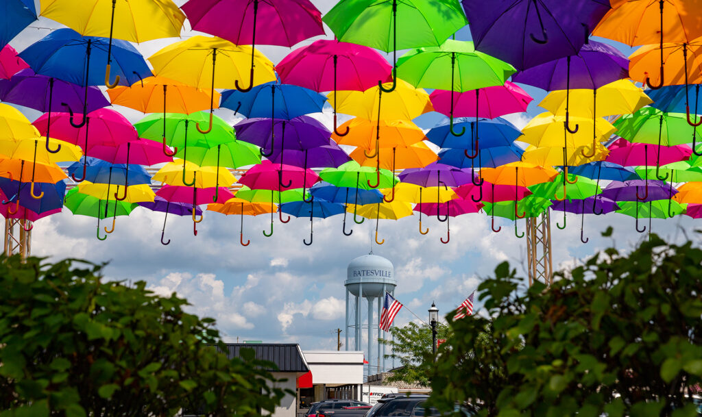 umbrellas over Batesville water tower